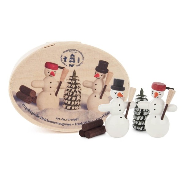 Chip box with 2 snowmen, small tree and woodpile