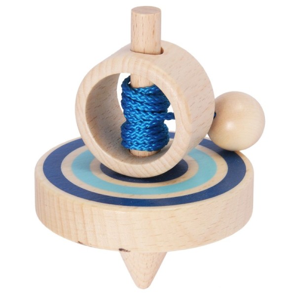 Spinning top with blue or red cord