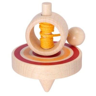 Spinning top with blue or red cord