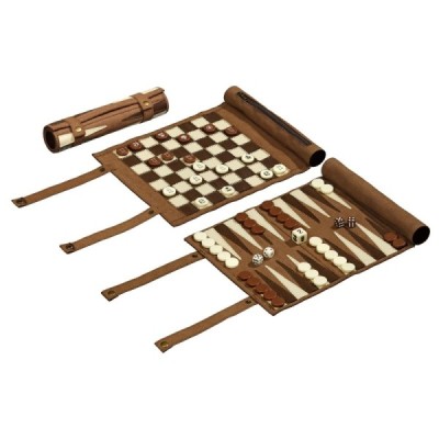 Schach Backgammon Dame Set, Reise, Kunstleder, zum Rollen, Feld 25 mm