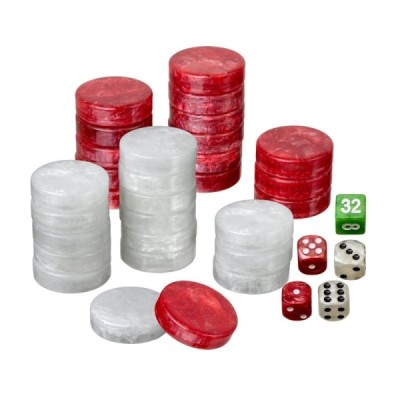 Checkers, backgammon, large, 34 x 10 mm, plastic, red and white, incl. dice