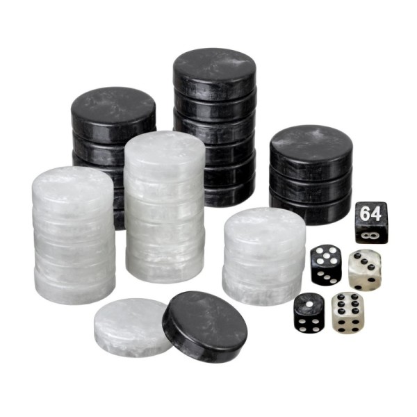 Checkers, backgammon, large, 34 x 10 mm, plastic, black and white, incl. dice