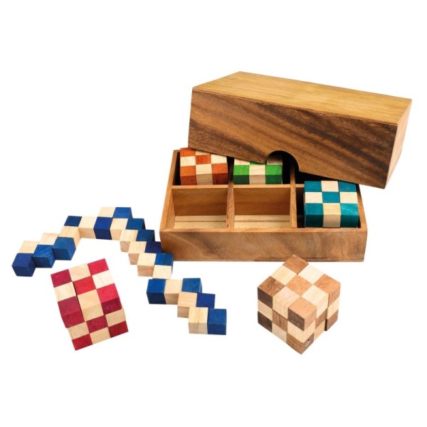 Snake cube set, in wooden box, 6 pieces